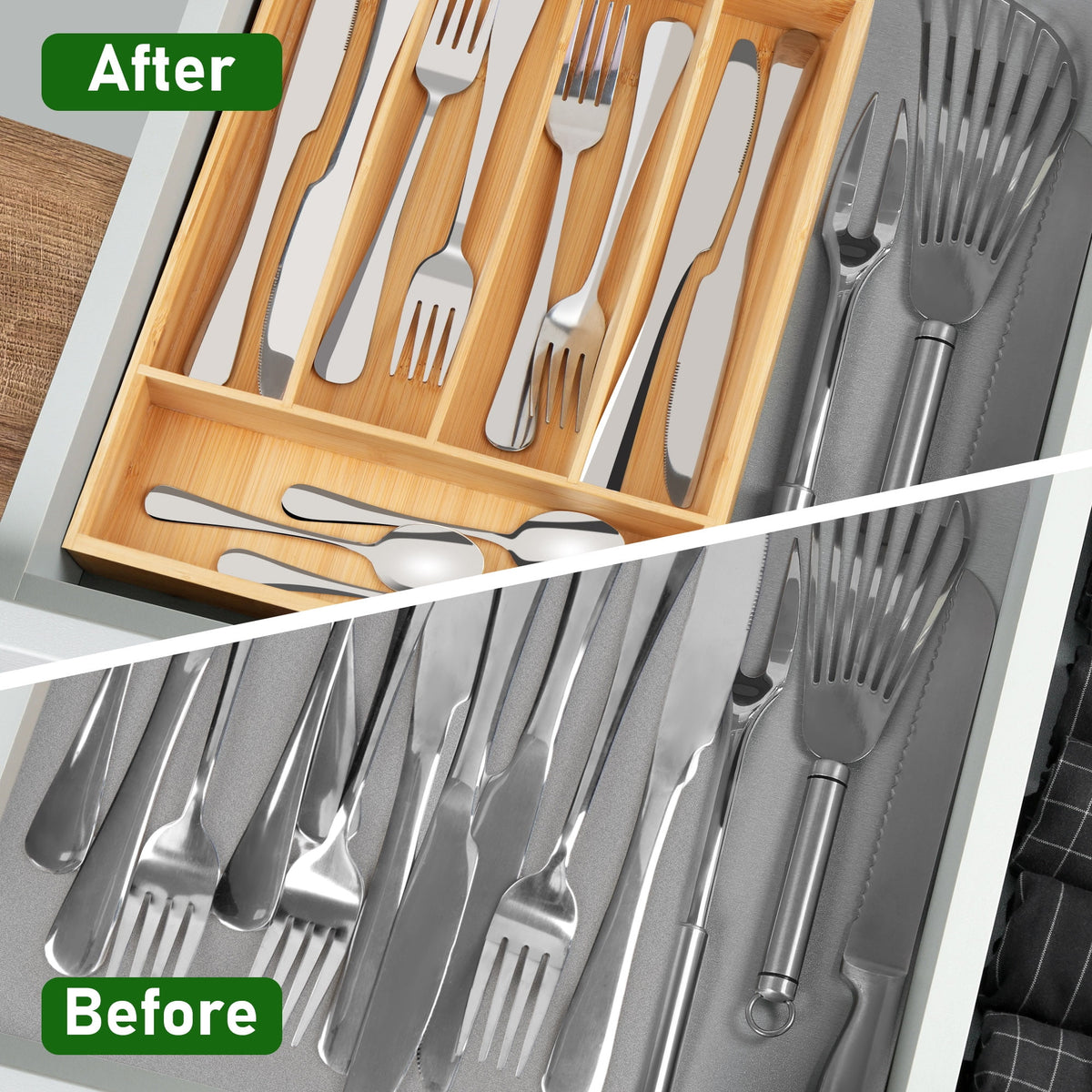 Bamboo Cutlery Drawer Organizer with Five Deep Compartments, 33 x 24 x 4.5 cm - Image 6