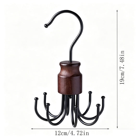 Rotating Eight-Hook Accessory Hanger with Solid Wood Base for Belts and Scarves - Image 2