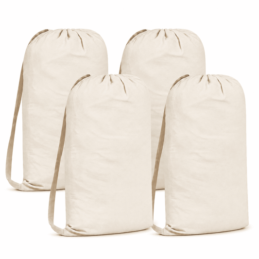 Cotton Canvas Laundry Bags, 4-Pack, Drawstring with Shoulder Strap, 40 Liters