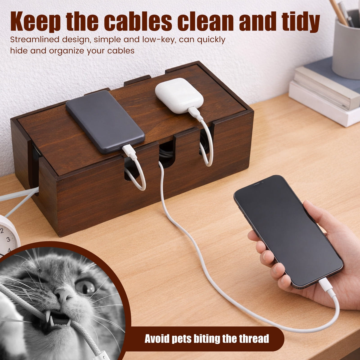 Solid Wood Cable Management Box for Power Strips, 12.2 x 5.12 x 4.72 Inches - Image 4