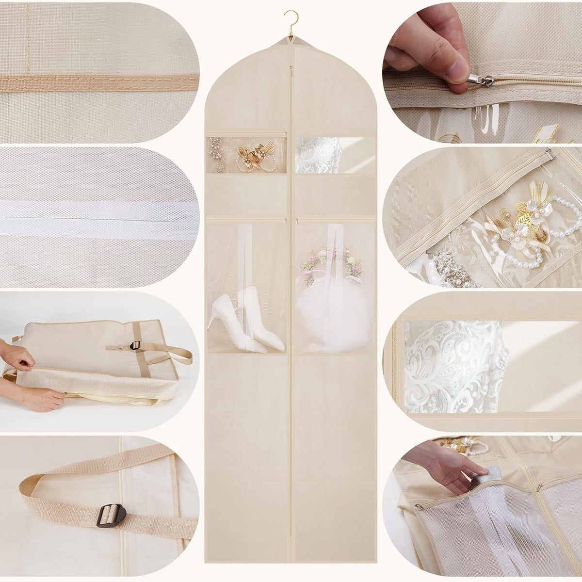 Tri-Fold Gown Garment Bag, 72 Inches Long with Six Pouches, Beige - Image 2