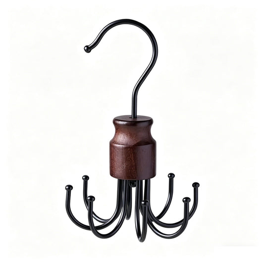 Rotating Eight-Hook Accessory Hanger with Solid Wood Base for Belts and Scarves