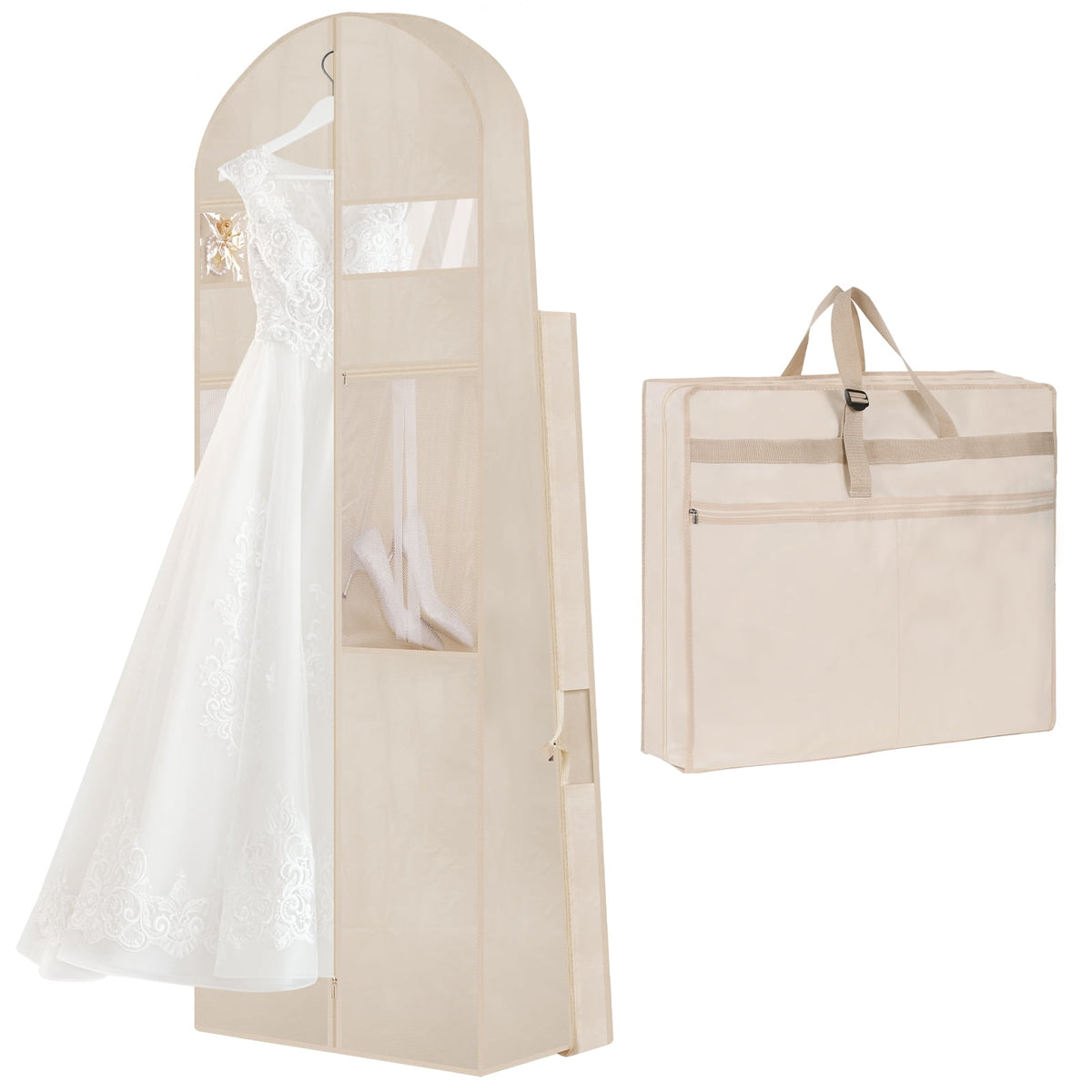 Tri-Fold Gown Garment Bag, 72 Inches Long with Six Pouches, Beige