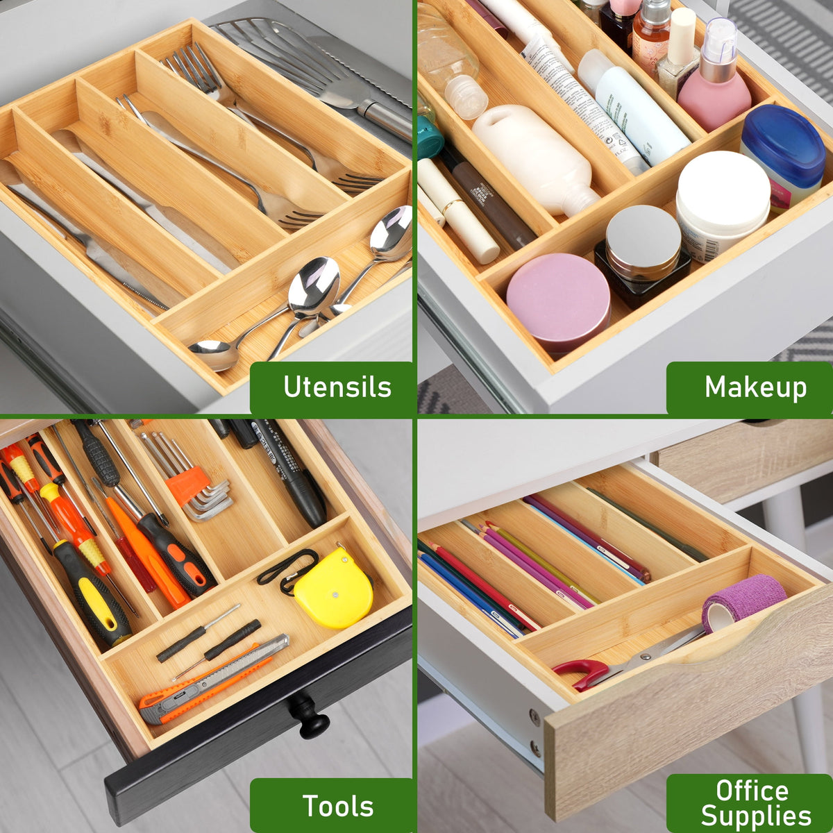 Bamboo Cutlery Drawer Organizer with Five Deep Compartments, 33 x 24 x 4.5 cm - Image 2