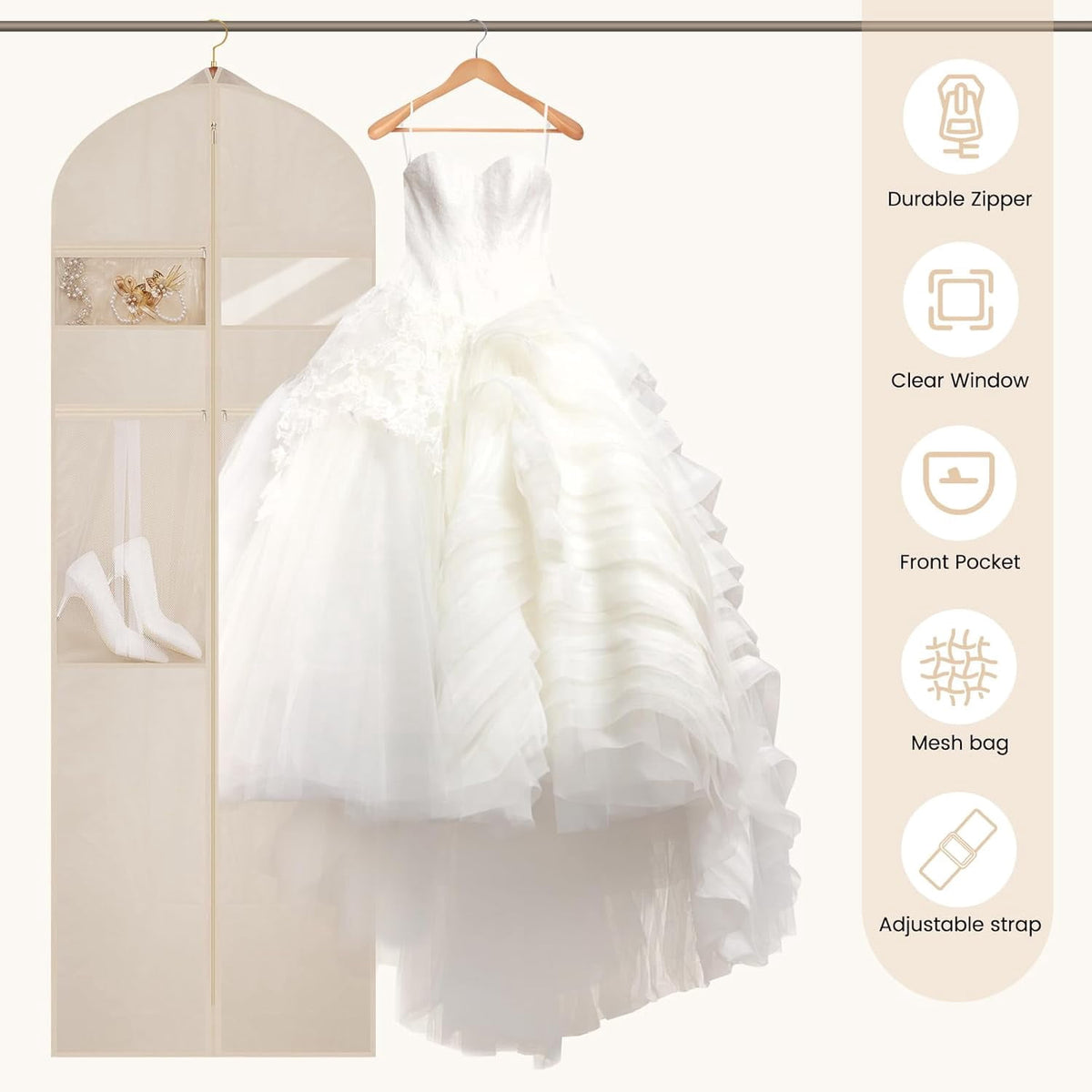 Tri-Fold Gown Garment Bag, 72 Inches Long with Six Pouches, Beige - Image 4