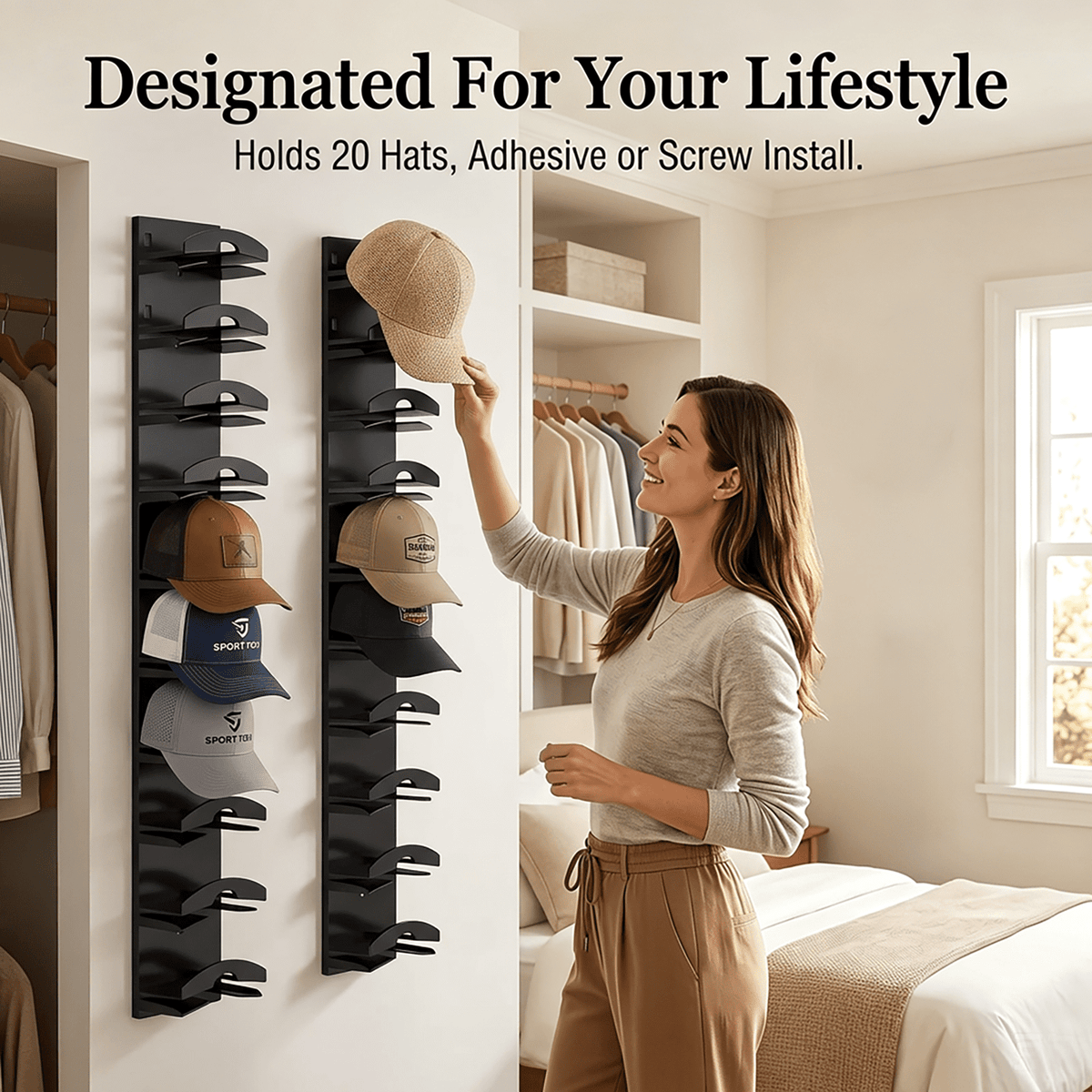 Adhesive Hat Racks for Doors and Walls, Set of 2, Holds Up to 20 Caps - Image 4