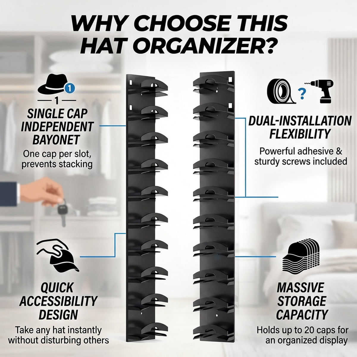 Adhesive Hat Racks for Doors and Walls, Set of 2, Holds Up to 20 Caps - Image 3