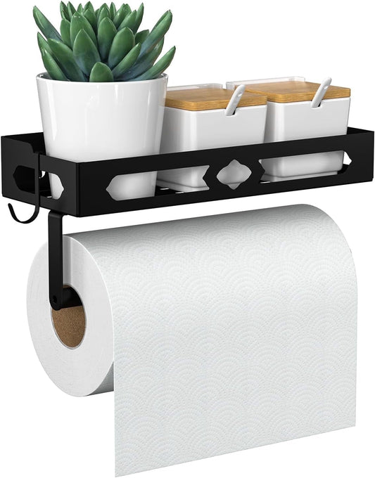 Wall-Mounted Paper Towel Holder with Shelf and Two Hooks, 11.8 Inches Wide