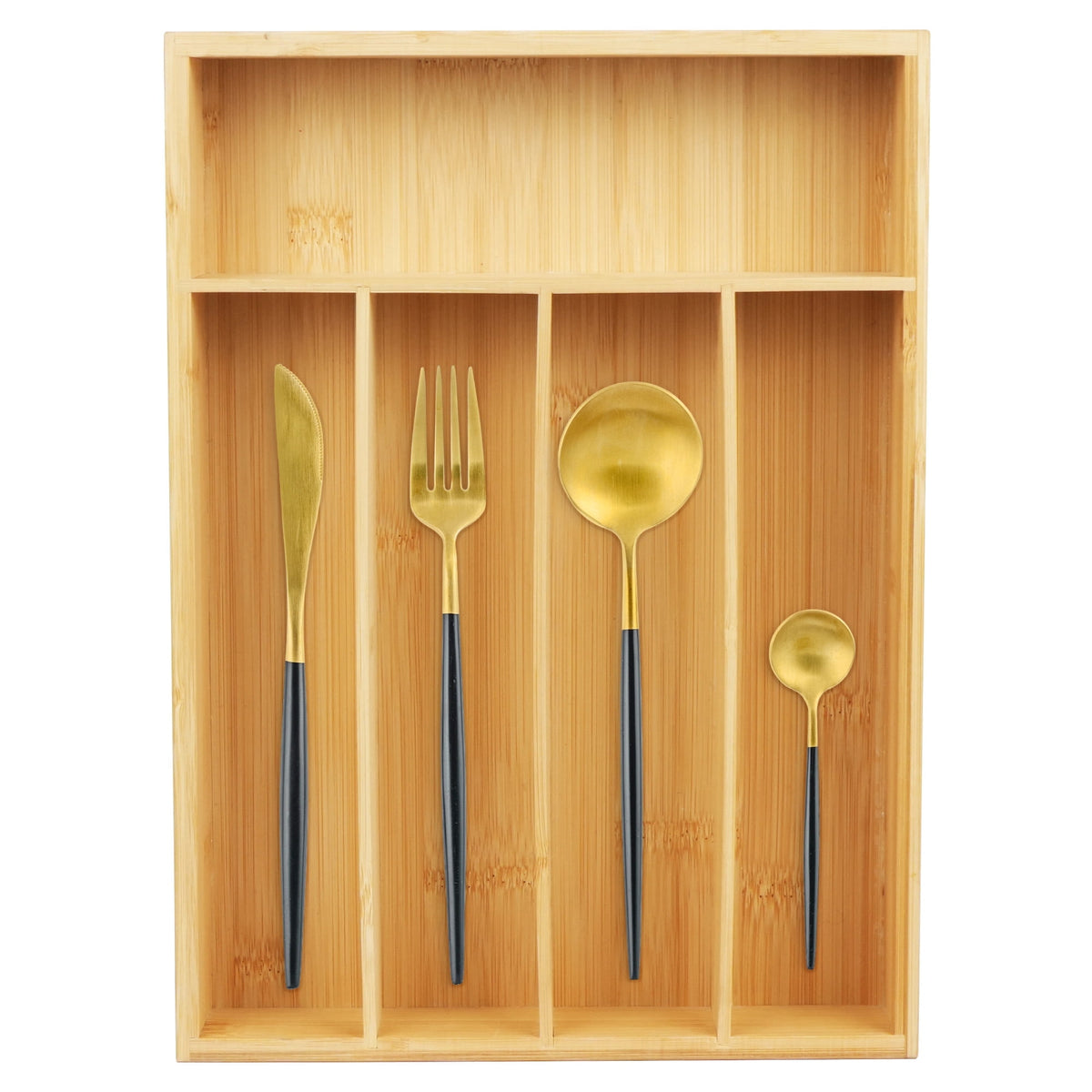Bamboo Cutlery Drawer Organizer with Five Deep Compartments, 33 x 24 x 4.5 cm