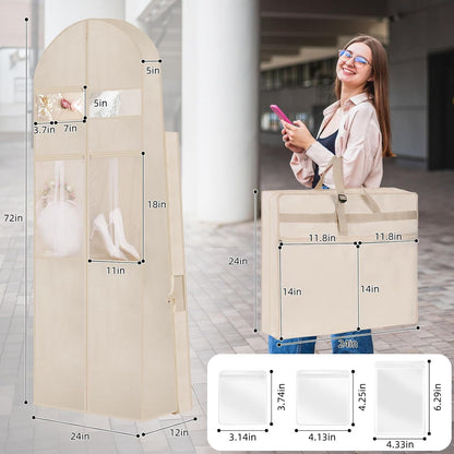 Tri-Fold Gown Garment Bag, 72 Inches Long with Six Pouches, Beige - Image 3