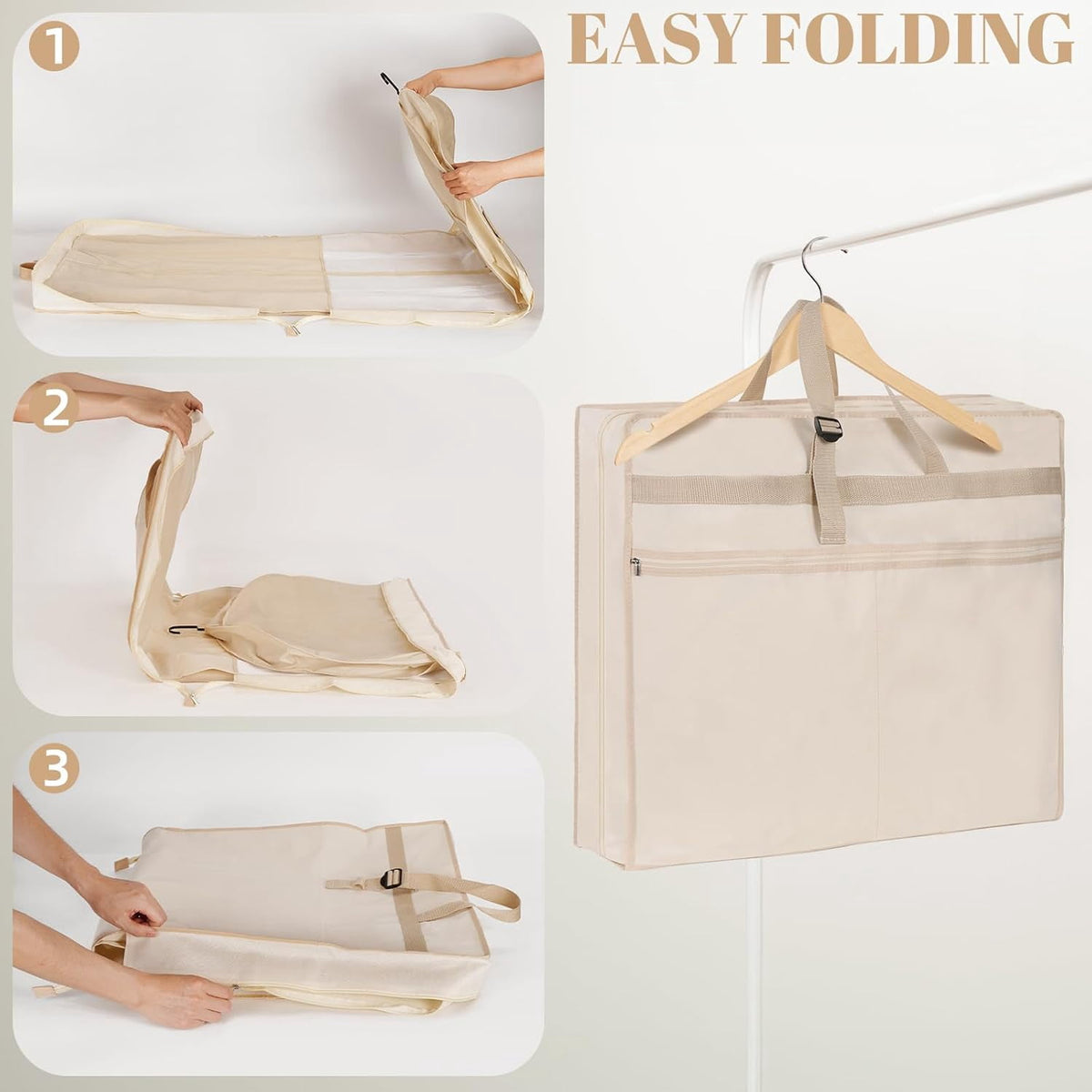 Tri-Fold Gown Garment Bag, 72 Inches Long with Six Pouches, Beige - Image 5