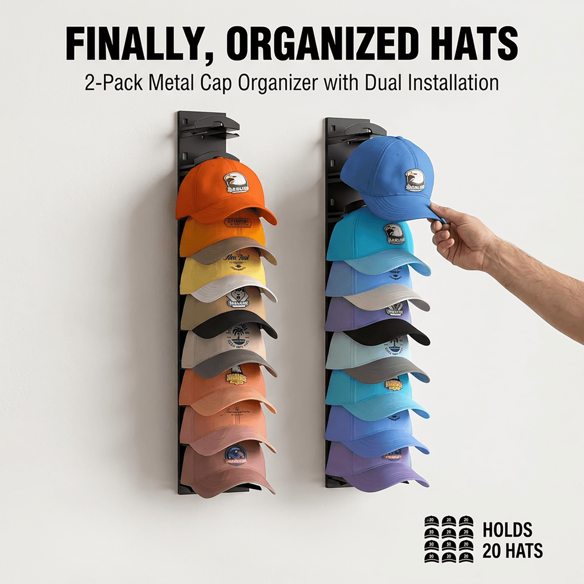 Adhesive Hat Racks for Doors and Walls, Set of 2, Holds Up to 20 Caps - Image 5