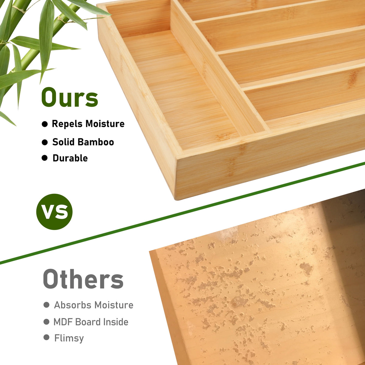 Bamboo Cutlery Drawer Organizer with Five Deep Compartments, 33 x 24 x 4.5 cm - Image 4